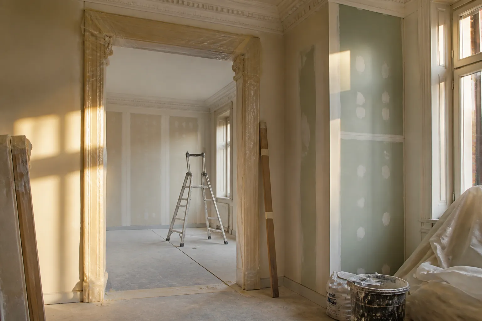 Séjour d'appartement ancien en cours de rénovation, parquet poncé, moulures conservées, grandes fenêtres laissant entrer une lumière dorée de fin de journée, bâches et escabeau, photographie réaliste, vue de chantier en cours