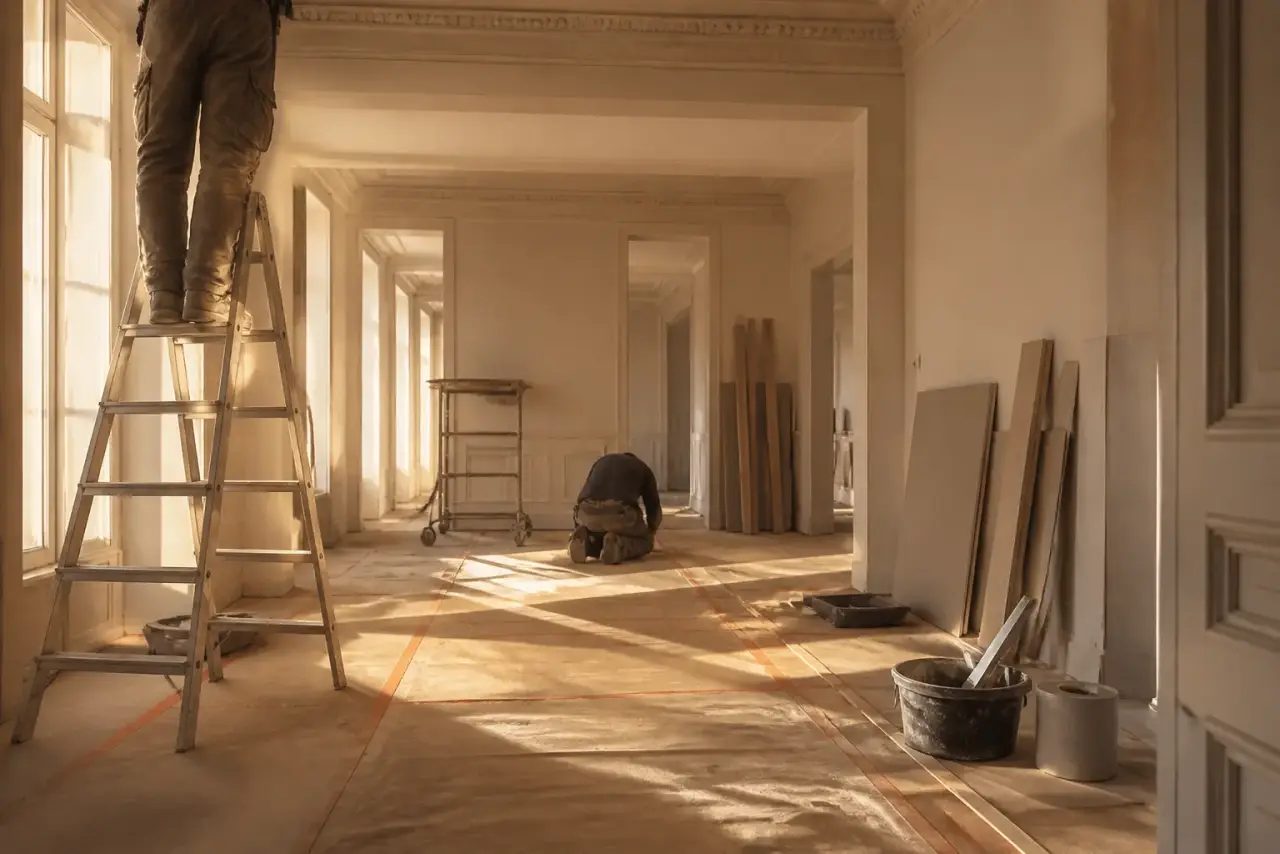 Intérieur de maison entièrement en chantier de rénovation, cloisons ouvertes, gaines électriques neuves, lumière dorée traversant les pièces décloisonnées, photographie réaliste, vue de chantier en cours