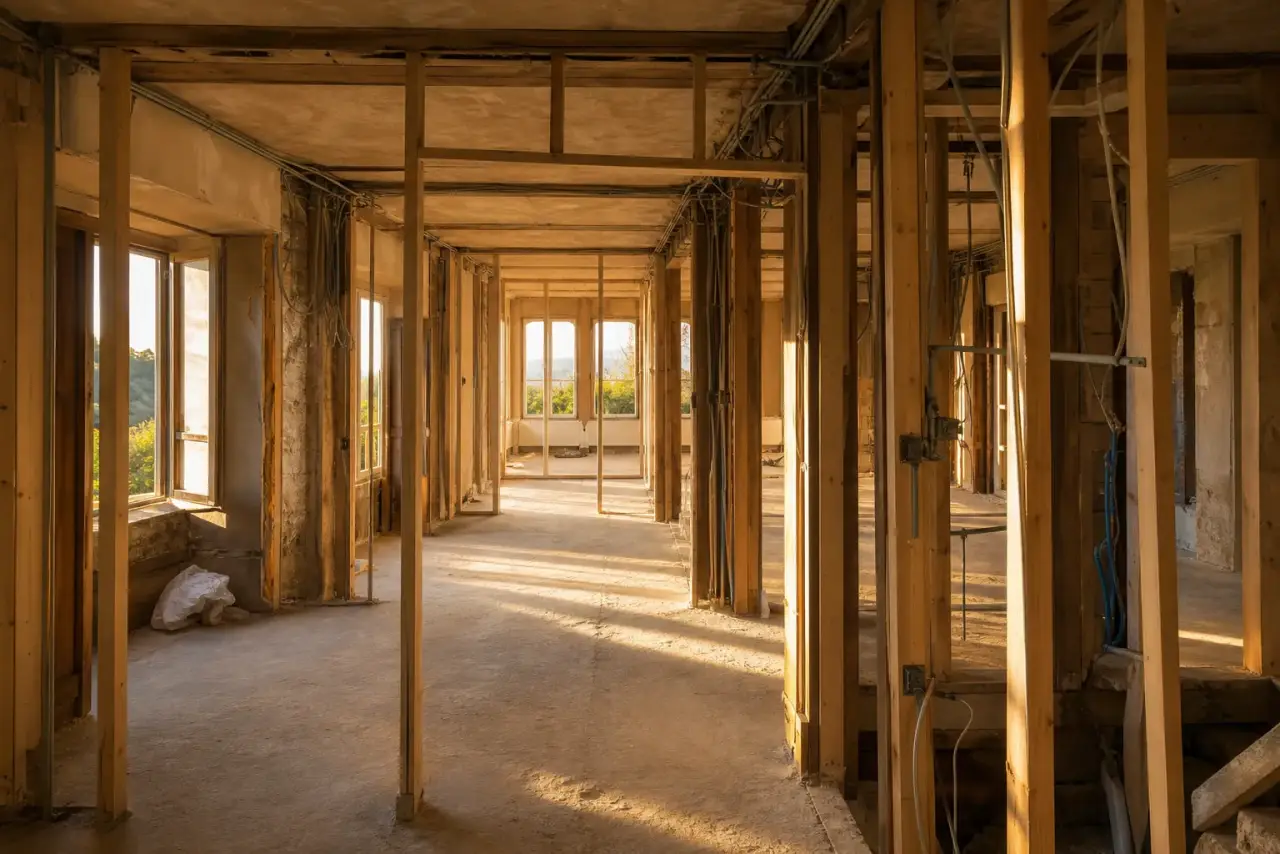 Intérieur de maison entièrement en chantier de rénovation, cloisons ouvertes, gaines électriques neuves, lumière dorée traversant les pièces décloisonnées, photographie réaliste