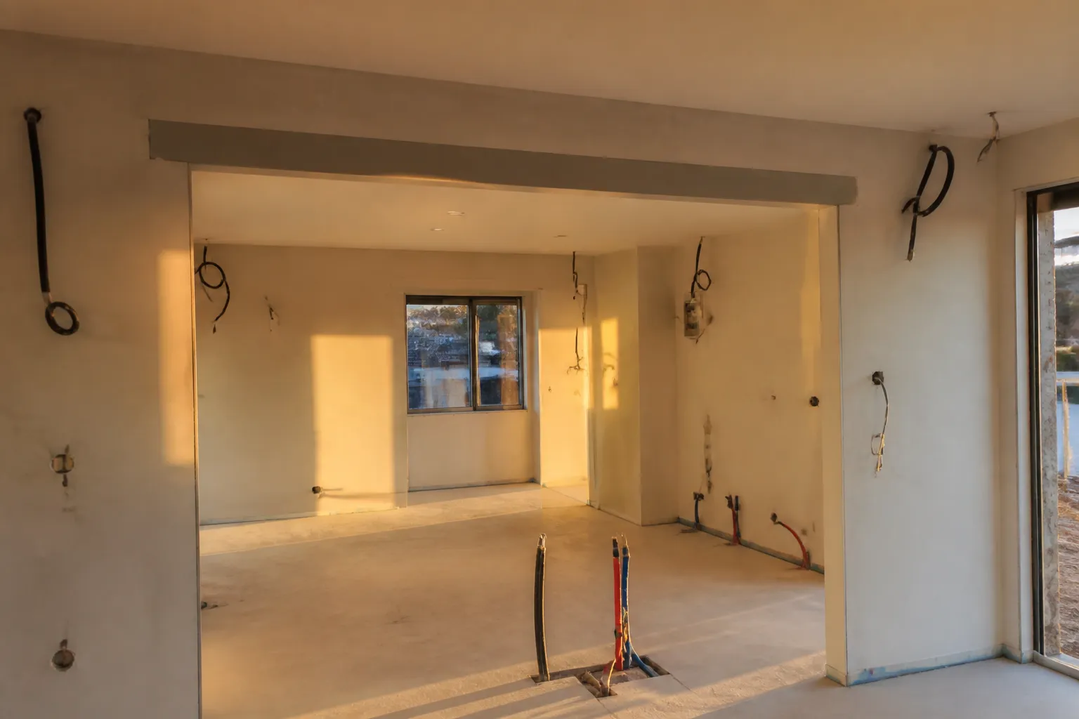 Cuisine ouverte en cours de finition dans une maison de plaine rhodanienne, îlot central, façades bois clair et crédence zellige, lumière rasante dorée du soir, photographie réaliste, vue de chantier en cours