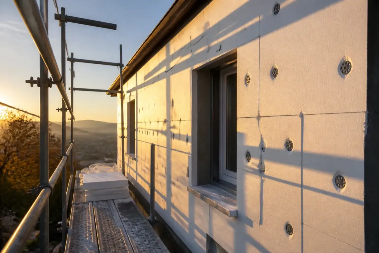Artisan posant des panneaux isolants biosourcés dans des combles de maison ancienne, lumière dorée entrant par une fenêtre de toit, photographie réaliste de chantier, vue de chantier en cours