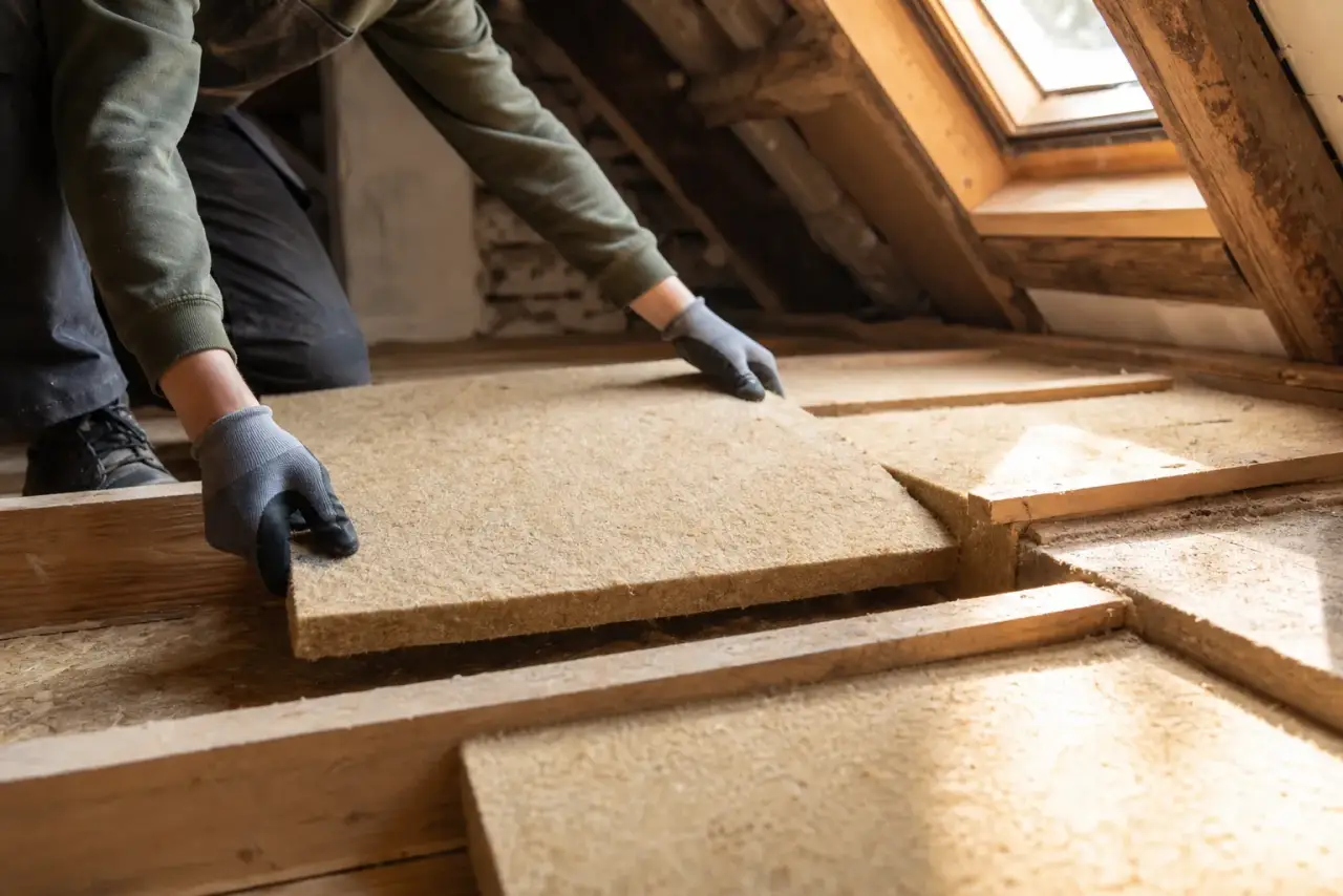 Artisan posant des panneaux isolants biosourcés dans des combles de maison ancienne, lumière dorée entrant par une fenêtre de toit, photographie réaliste de chantier