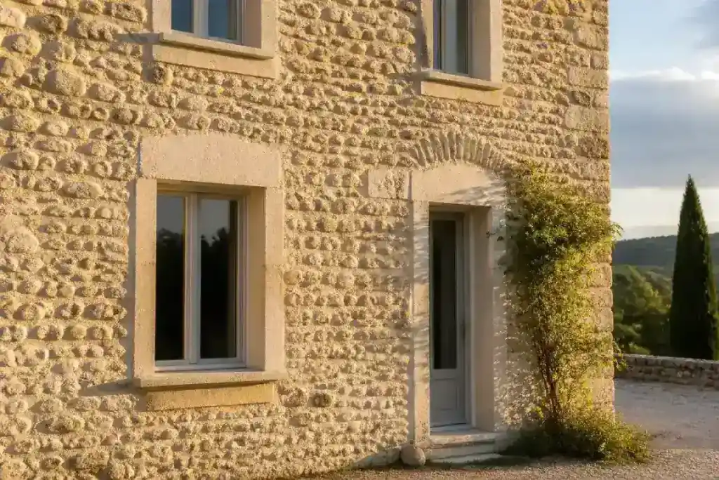 La même façade en galets roulés rejointoyée à la chaux blonde, menuiseries neuves, lumière rasante dorée, photographie réaliste