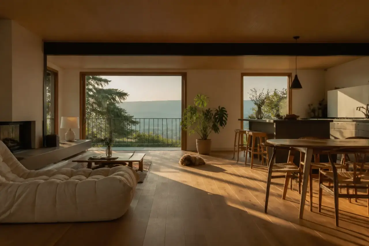 Le même séjour décloisonné et rénové, parquet chêne clair, cuisine ouverte, grande baie, lumière dorée de fin de journée, photographie réaliste