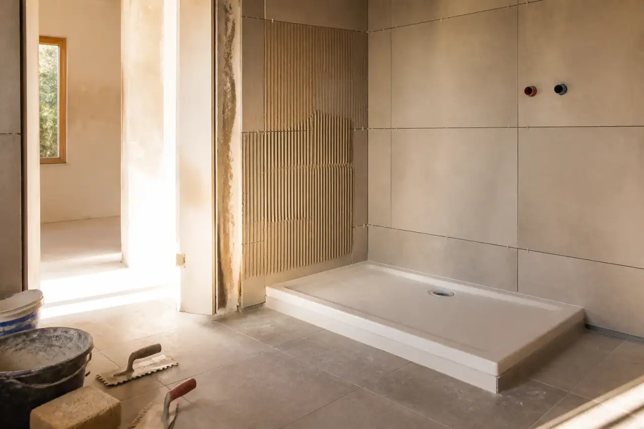 Salle de bain contemporaine fraîchement rénovée avec douche à l'italienne en carrelage terracotta et zellige clair, lumière chaude de fin de journée par une fenêtre en verre dépoli, photographie réaliste intérieure, vue de chantier en cours