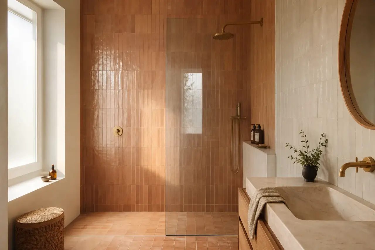 Salle de bain contemporaine fraîchement rénovée avec douche à l'italienne en carrelage terracotta et zellige clair, lumière chaude de fin de journée par une fenêtre en verre dépoli, photographie réaliste intérieure