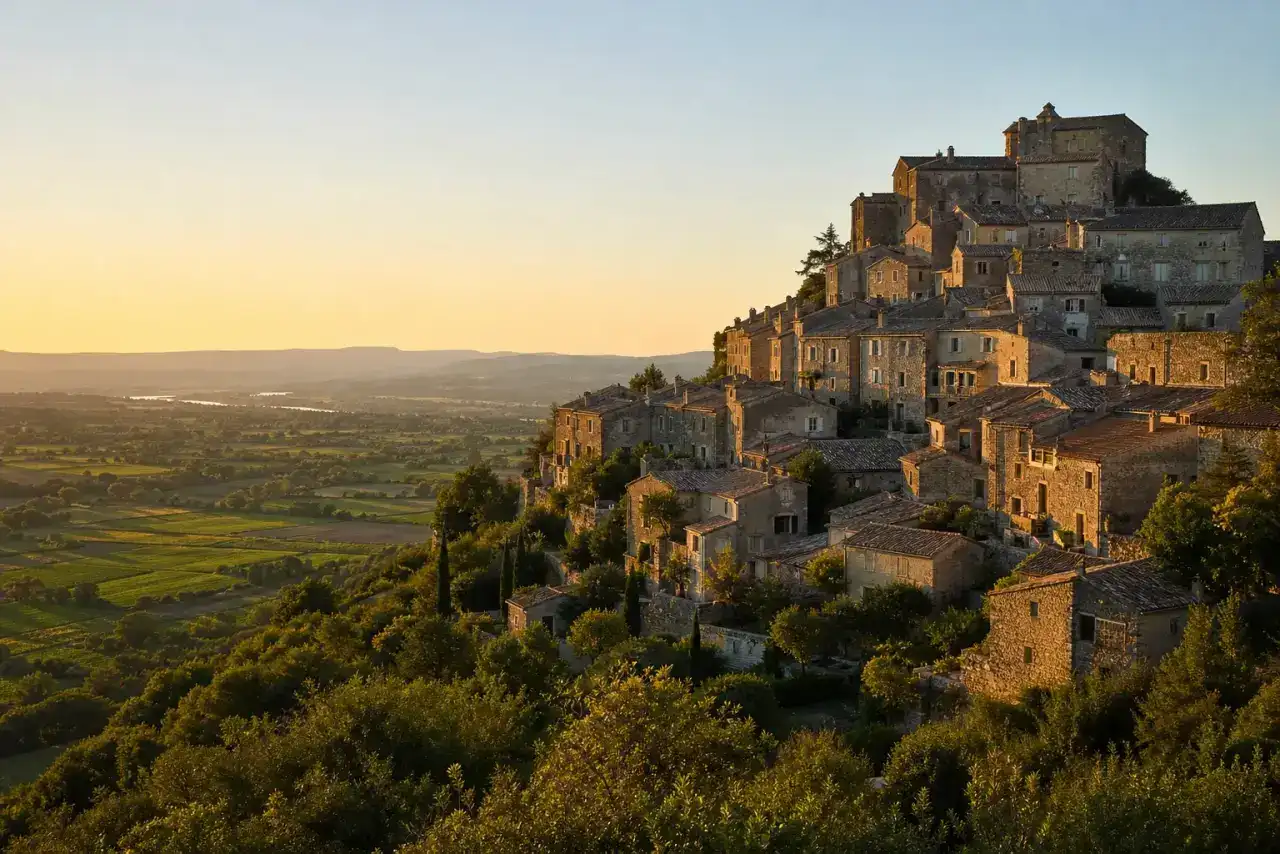 Village perché drômois aux maisons imbriquées de pierre et tuiles romanes sur sa butte, plaine agricole en contrebas, lumière rasante dorée, photographie réaliste