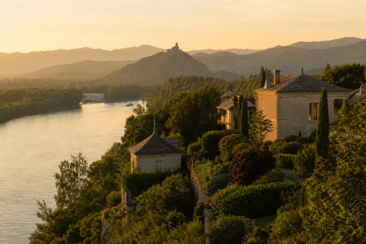 Pavillons avec jardins sur la rive droite du Rhône, silhouette des collines ardéchoises et ruine de château sur son éperon au loin, lumière dorée, photographie réaliste