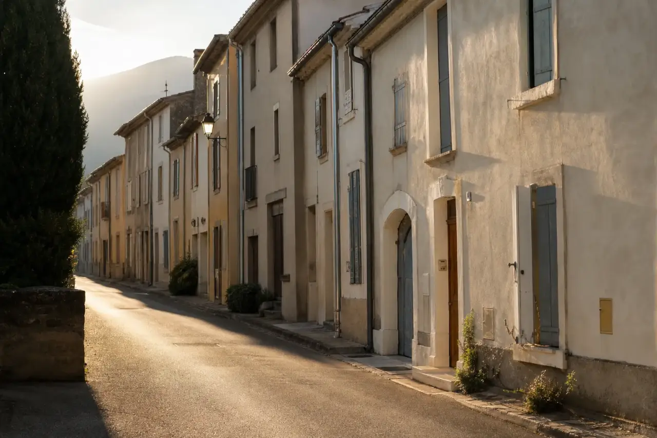 Alignement de maisons de bourg du début du 20e siècle aux enduits clairs, rue calme du sud de la France, lumière chaude rasante, photographie réaliste